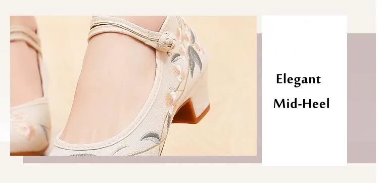 Ethnic Dance Shoes for Women Retro Embroidered Mary Jane Pumps Female Mid-Heel Round Toe Cheongsam Dress Shoe Ancient Style