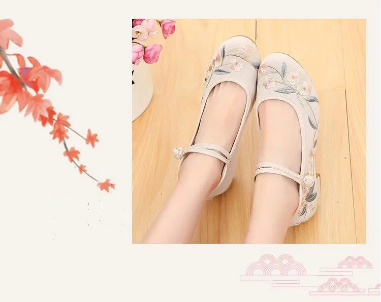 Ethnic Dance Shoes for Women Retro Embroidered Mary Jane Pumps Female Mid-Heel Round Toe Cheongsam Dress Shoe Ancient Style