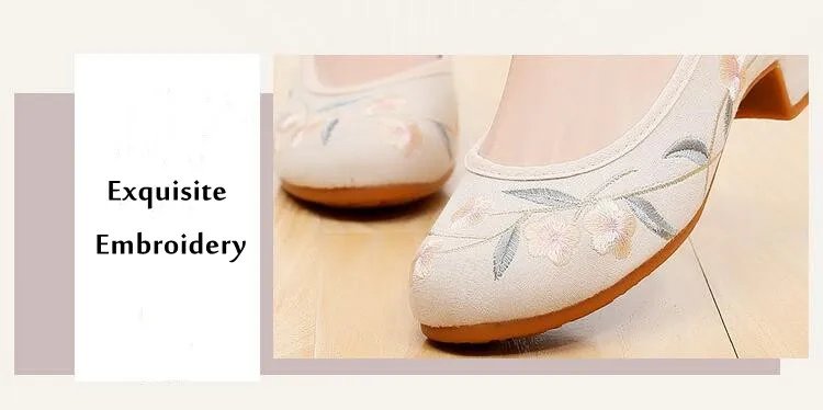 Ethnic Dance Shoes for Women Retro Embroidered Mary Jane Pumps Female Mid-Heel Round Toe Cheongsam Dress Shoe Ancient Style
