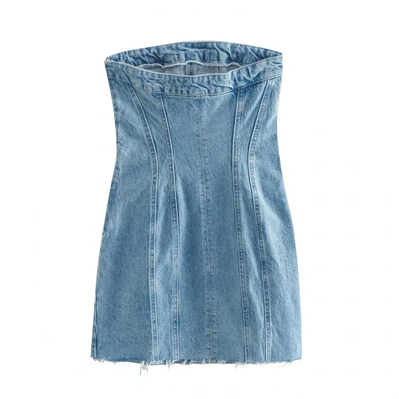 KEYANKETIAN Women's One-Line Neck Tube Top Denim Dress Summer New Fashion Chic Tight Light Blue Ladies Package Hip Mini Skirt