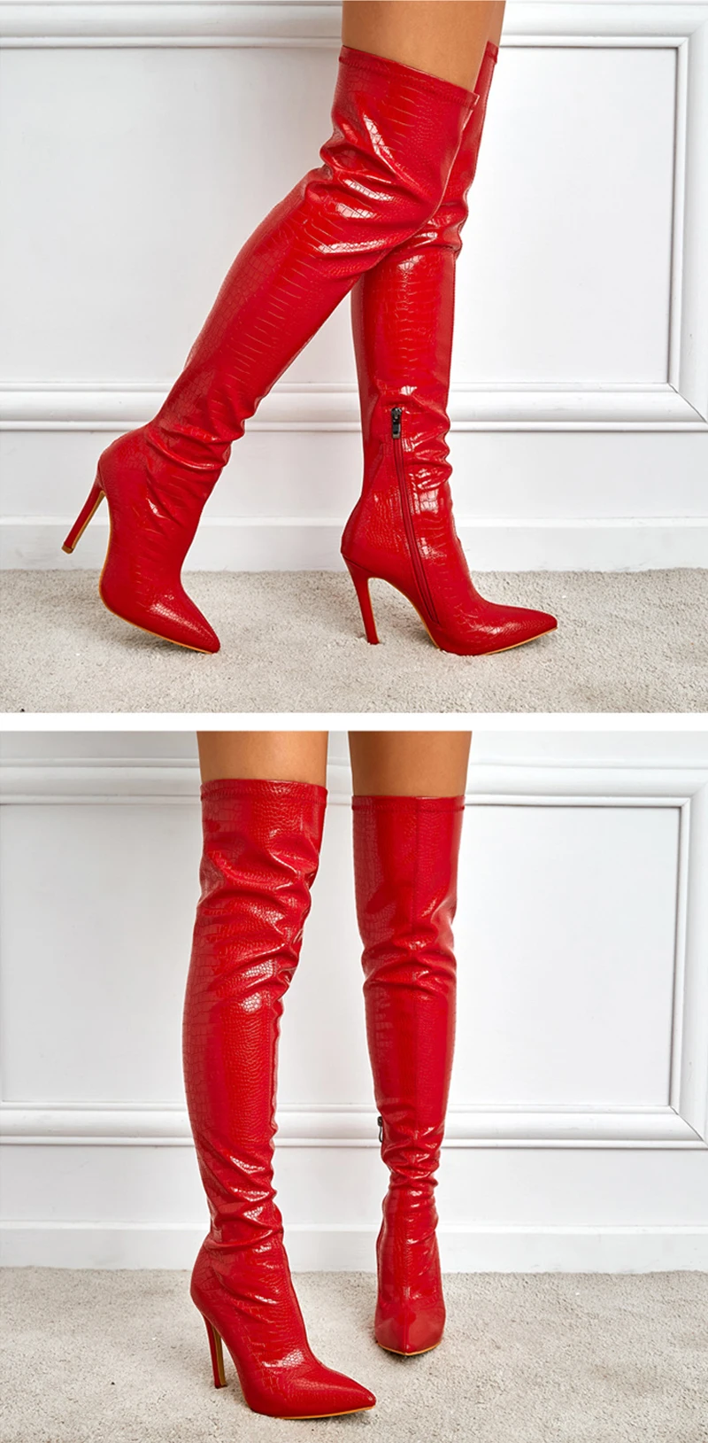 Liyke Sexy Red Snake Print Leather Over The Knee Boots Women Stiletto Heels Pumps Fashion Pointed Toe Zip Thigh High Shoes Lady