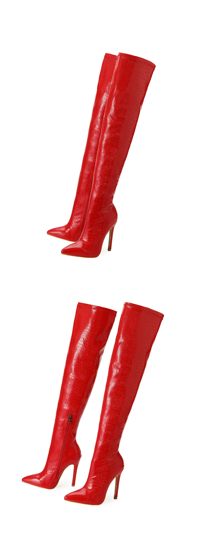 Liyke Sexy Red Snake Print Leather Over The Knee Boots Women Stiletto Heels Pumps Fashion Pointed Toe Zip Thigh High Shoes Lady
