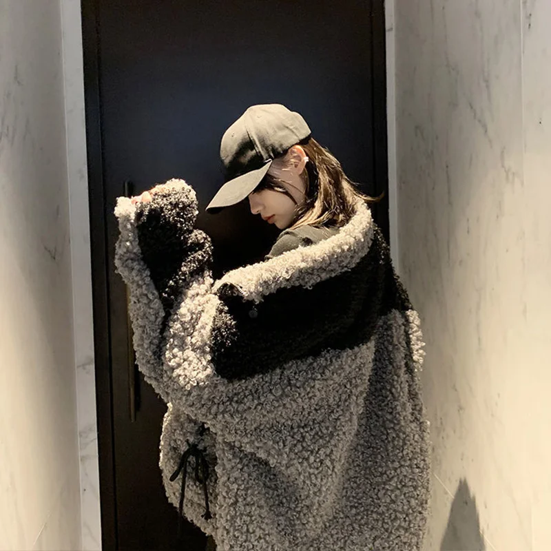 Amax luluE Winter Gray Loose Fur Coat 2024 Womens Casual Punk Style Jackets Ladies Harajuku Zippers Streetwear Vintage Clothing