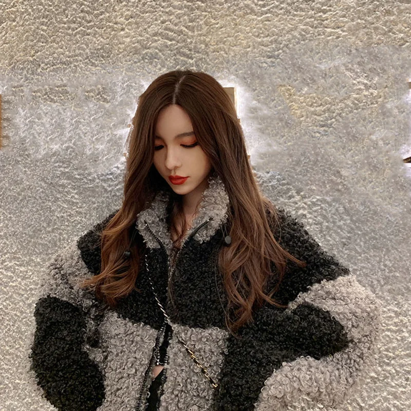 Amax luluE Winter Gray Loose Fur Coat 2024 Womens Casual Punk Style Jackets Ladies Harajuku Zippers Streetwear Vintage Clothing