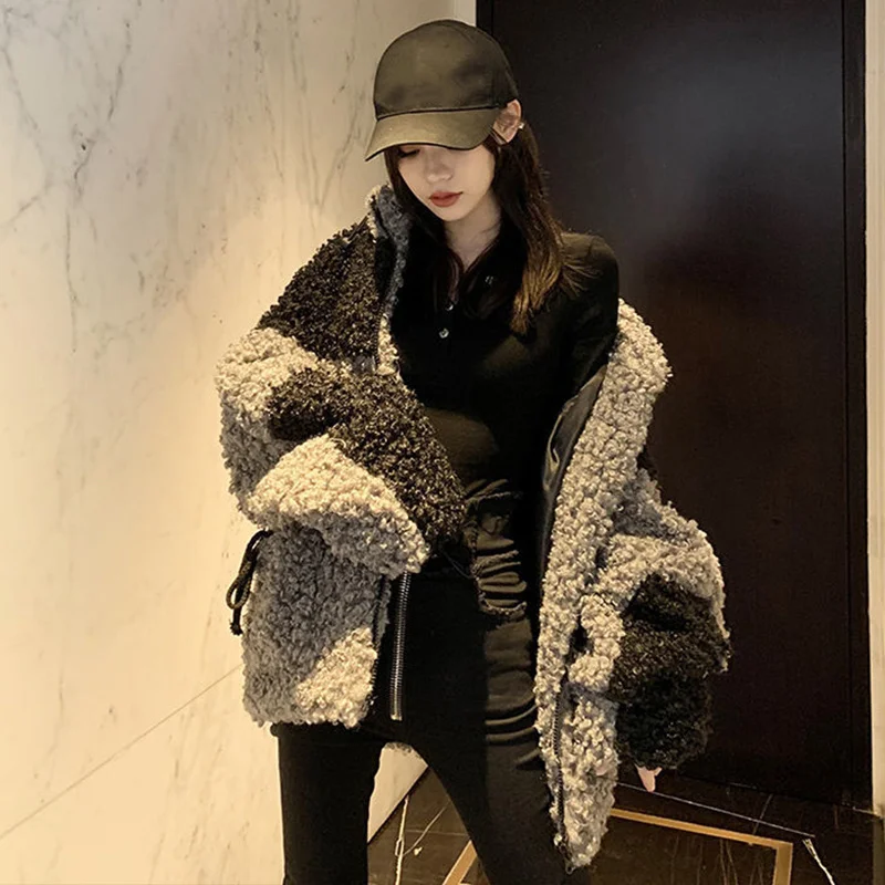 Amax luluE Winter Gray Loose Fur Coat 2024 Womens Casual Punk Style Jackets Ladies Harajuku Zippers Streetwear Vintage Clothing