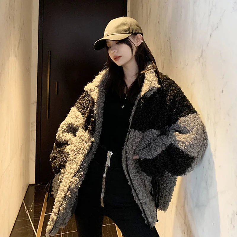 Amax luluE Winter Gray Loose Fur Coat 2024 Womens Casual Punk Style Jackets Ladies Harajuku Zippers Streetwear Vintage Clothing