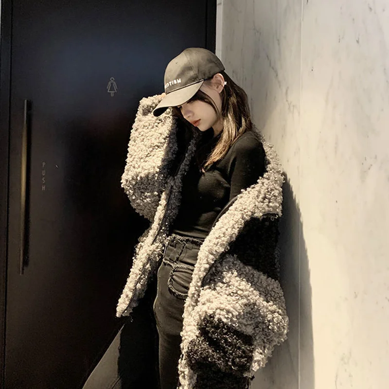 Amax luluE Winter Gray Loose Fur Coat 2024 Womens Casual Punk Style Jackets Ladies Harajuku Zippers Streetwear Vintage Clothing