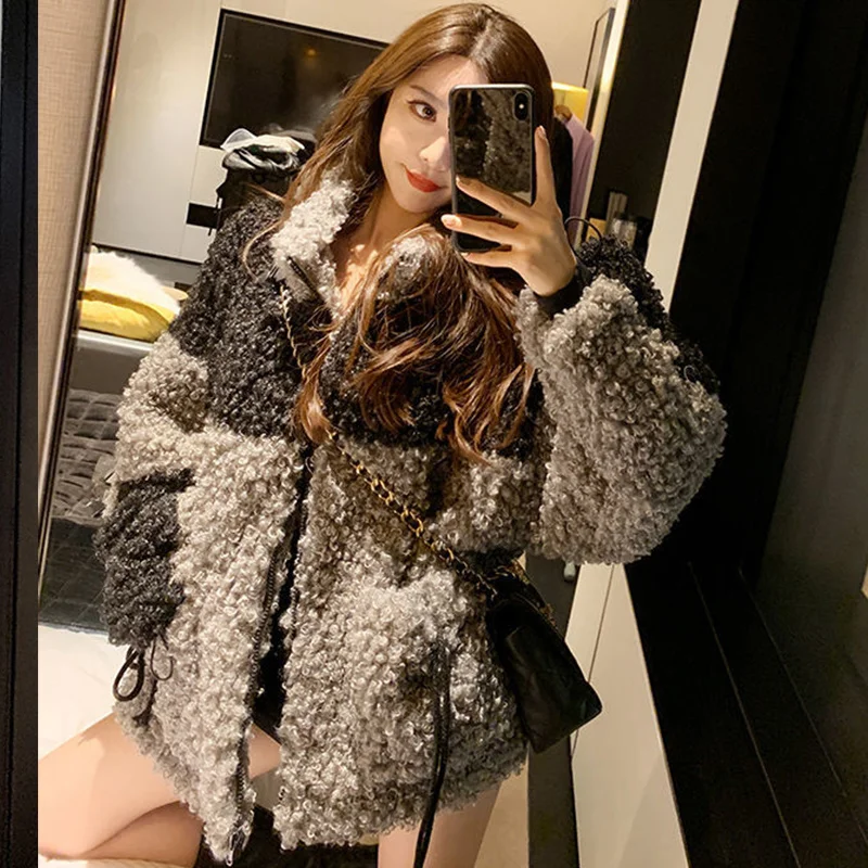 Amax luluE Winter Gray Loose Fur Coat 2024 Womens Casual Punk Style Jackets Ladies Harajuku Zippers Streetwear Vintage Clothing