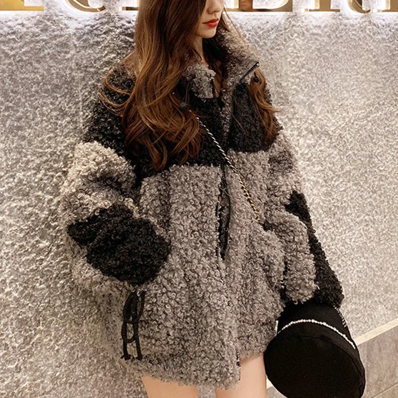 Amax luluE Winter Gray Loose Fur Coat 2024 Womens Casual Punk Style Jackets Ladies Harajuku Zippers Streetwear Vintage Clothing