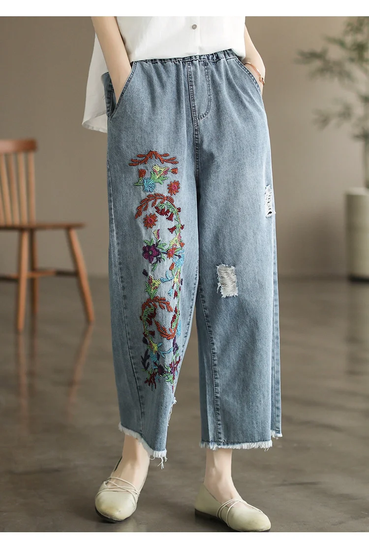 Amax luluE 2025 Womens Luxury Spring Loose Embroidery Wide Trousers Holes Leisure Jeans Females Classic Vintage Punk Denim Pants