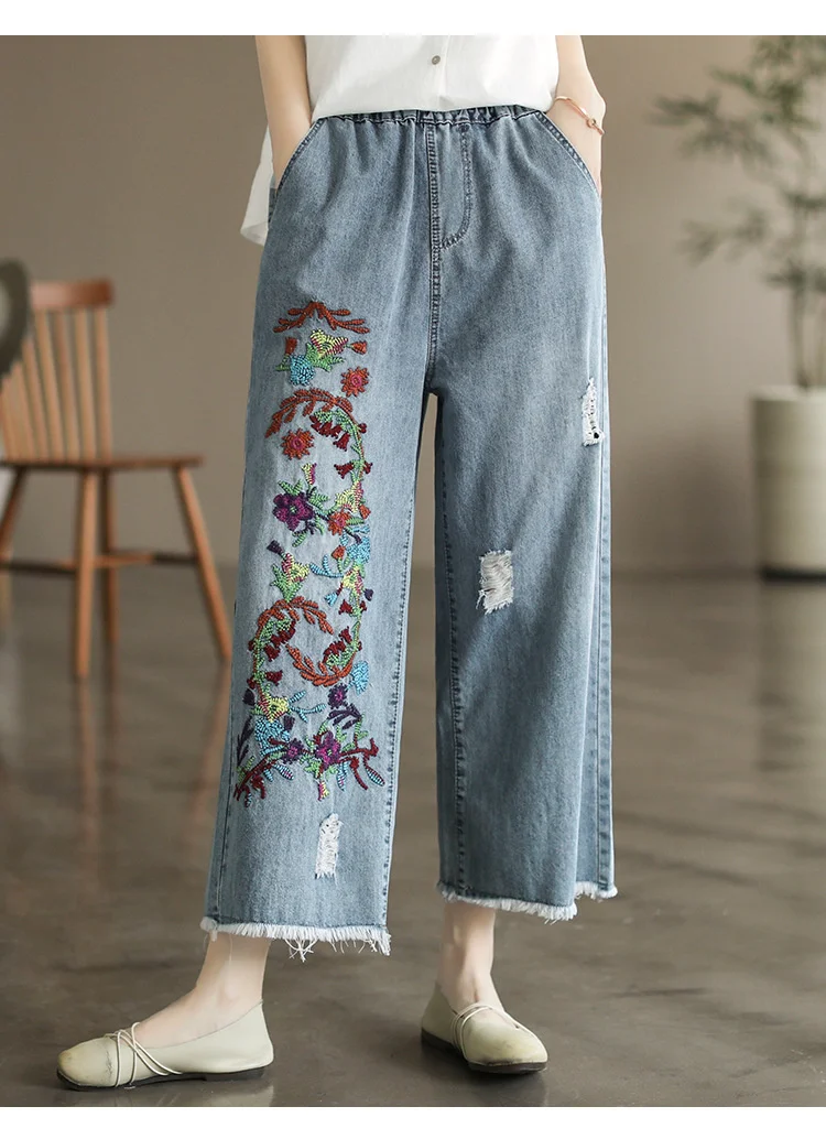 Amax luluE 2025 Womens Luxury Spring Loose Embroidery Wide Trousers Holes Leisure Jeans Females Classic Vintage Punk Denim Pants