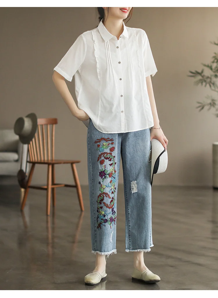 Amax luluE 2025 Womens Luxury Spring Loose Embroidery Wide Trousers Holes Leisure Jeans Females Classic Vintage Punk Denim Pants