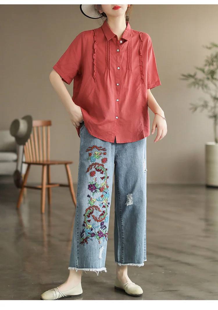 Amax luluE 2025 Womens Luxury Spring Loose Embroidery Wide Trousers Holes Leisure Jeans Females Classic Vintage Punk Denim Pants