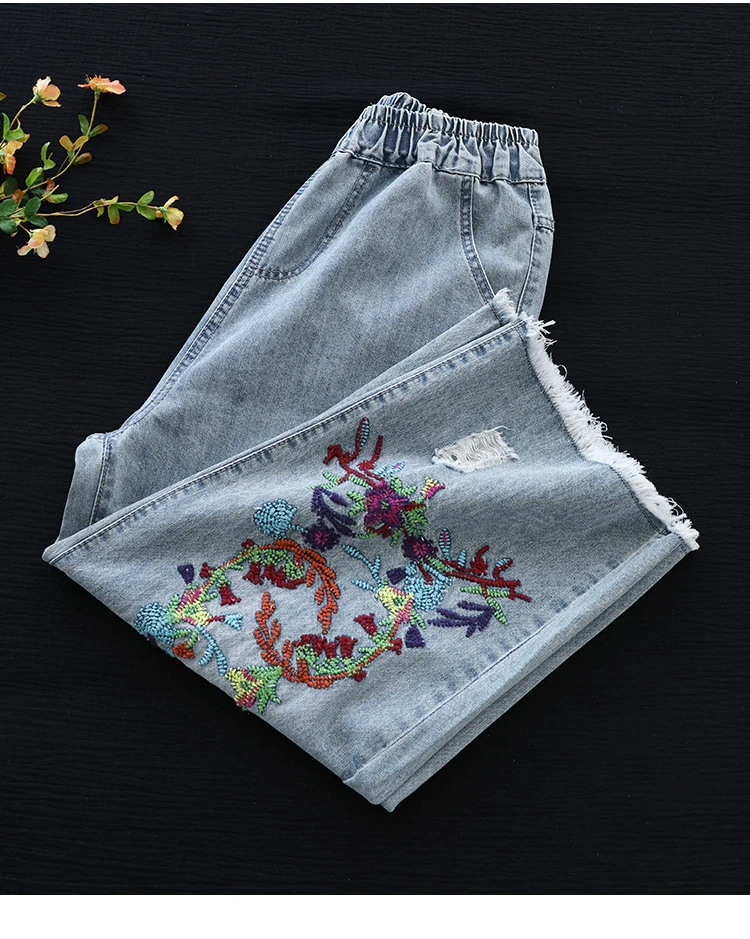 Amax luluE 2025 Womens Luxury Spring Loose Embroidery Wide Trousers Holes Leisure Jeans Females Classic Vintage Punk Denim Pants