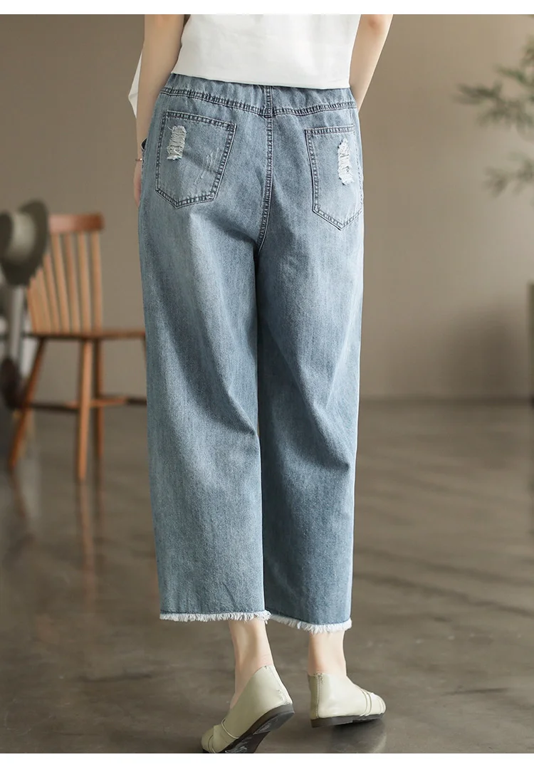 Amax luluE 2025 Womens Luxury Spring Loose Embroidery Wide Trousers Holes Leisure Jeans Females Classic Vintage Punk Denim Pants