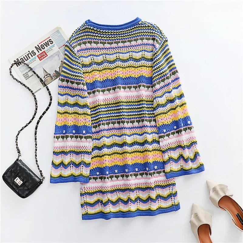 Woman Elegant Hollow Out Knitted Mini Dress 2026 Chic Colorful Patchwork Knit Dresses Ladies Bohemia Beach Dress