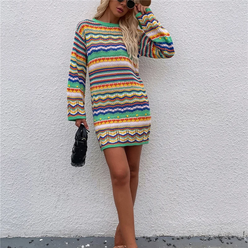 Woman Elegant Hollow Out Knitted Mini Dress 2026 Chic Colorful Patchwork Knit Dresses Ladies Bohemia Beach Dress