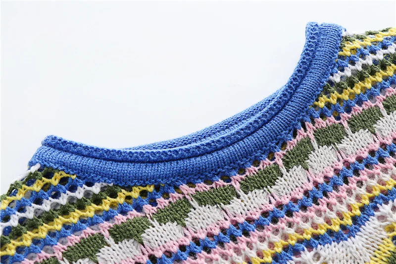 Woman Elegant Hollow Out Knitted Mini Dress 2026 Chic Colorful Patchwork Knit Dresses Ladies Bohemia Beach Dress
