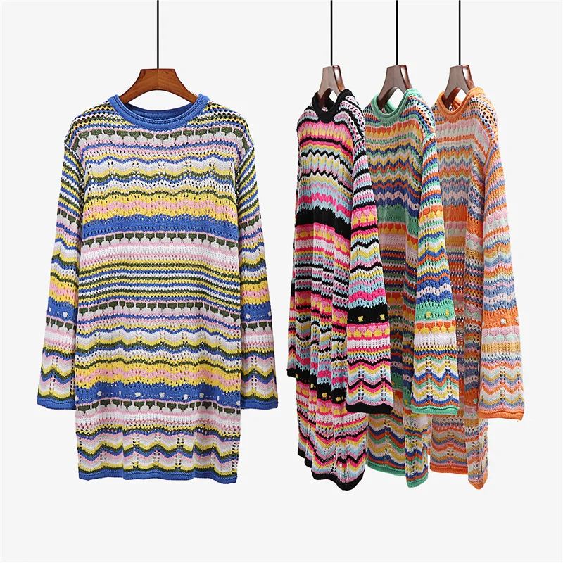Woman Elegant Hollow Out Knitted Mini Dress 2026 Chic Colorful Patchwork Knit Dresses Ladies Bohemia Beach Dress