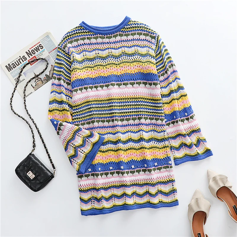 Woman Elegant Hollow Out Knitted Mini Dress 2026 Chic Colorful Patchwork Knit Dresses Ladies Bohemia Beach Dress
