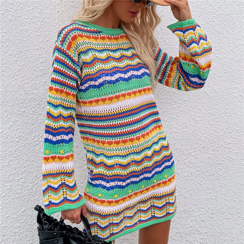 Woman Elegant Hollow Out Knitted Mini Dress 2026 Chic Colorful Patchwork Knit Dresses Ladies Bohemia Beach Dress