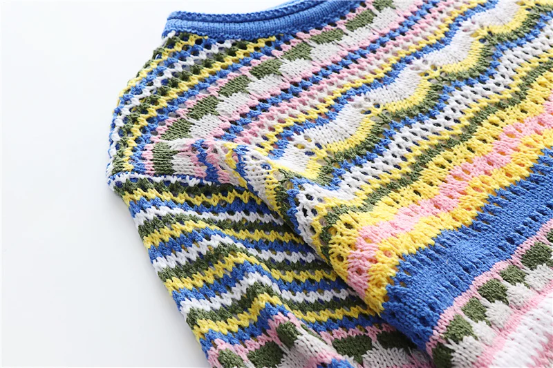 Woman Elegant Hollow Out Knitted Mini Dress 2026 Chic Colorful Patchwork Knit Dresses Ladies Bohemia Beach Dress