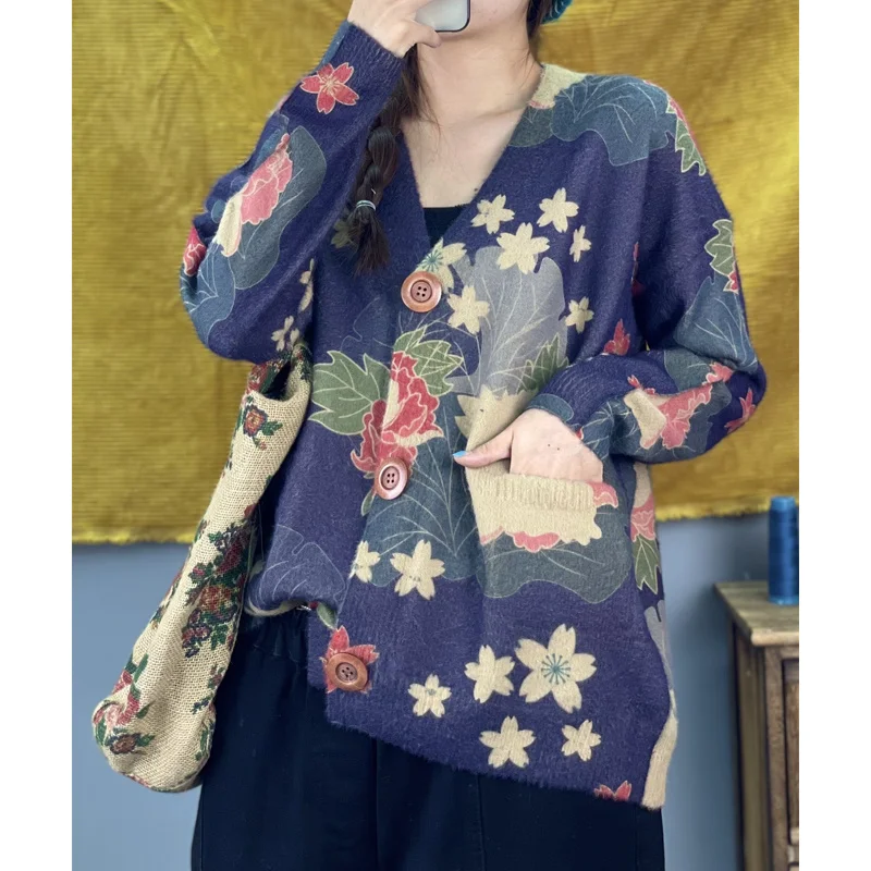 Amax luluE 2024 Winter Women Vintage Print Design Cardigans European Style Ladies Loose Casual Elegant Sweaters V-Neck Clothes