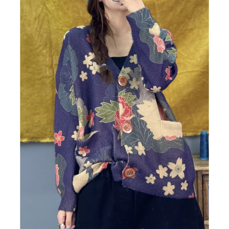 Amax luluE 2024 Winter Women Vintage Print Design Cardigans European Style Ladies Loose Casual Elegant Sweaters V-Neck Clothes