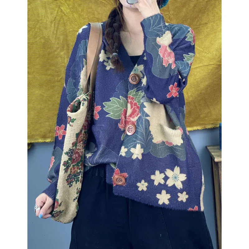Amax luluE 2024 Winter Women Vintage Print Design Cardigans European Style Ladies Loose Casual Elegant Sweaters V-Neck Clothes