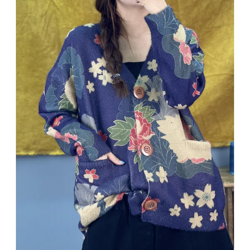 Amax luluE 2024 Winter Women Vintage Print Design Cardigans European Style Ladies Loose Casual Elegant Sweaters V-Neck Clothes