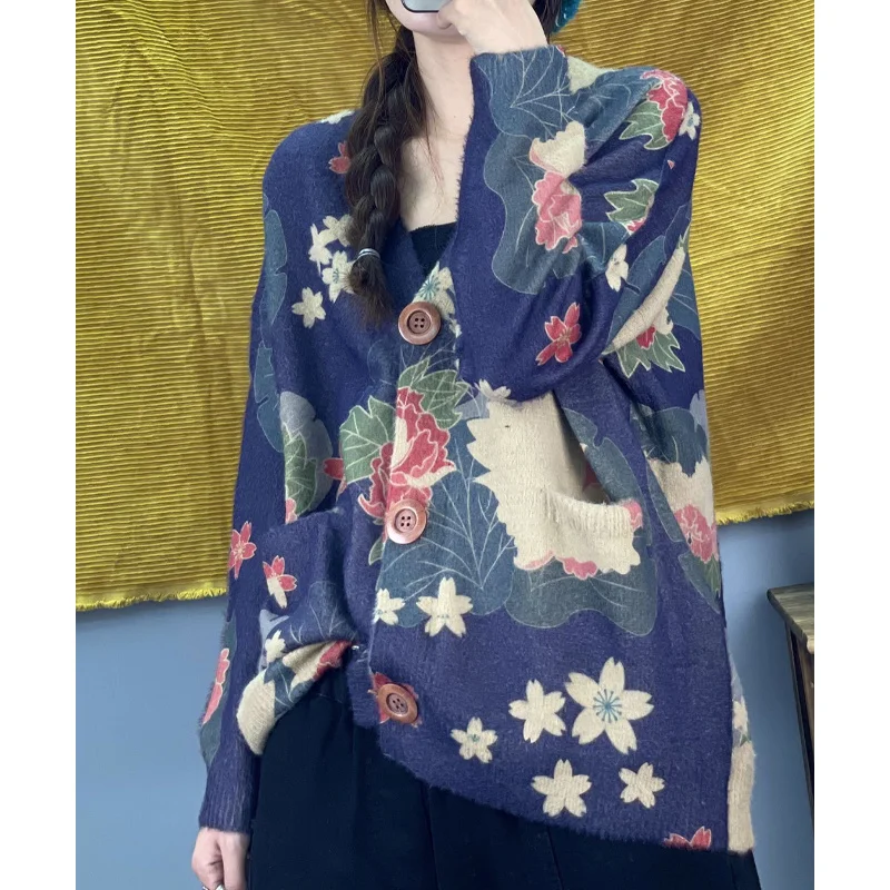 Amax luluE 2024 Winter Women Vintage Print Design Cardigans European Style Ladies Loose Casual Elegant Sweaters V-Neck Clothes