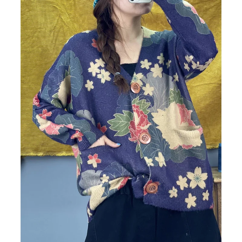 Amax luluE 2024 Winter Women Vintage Print Design Cardigans European Style Ladies Loose Casual Elegant Sweaters V-Neck Clothes