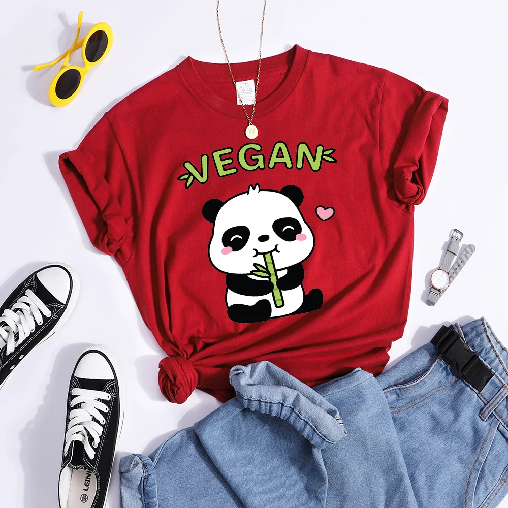 Vegan Panda Loves To Eat Bamboo Female T-Shirt Street Breathable Crop Top Casual Sweat Sport Clothes Summer O-Neck T Shirt Women