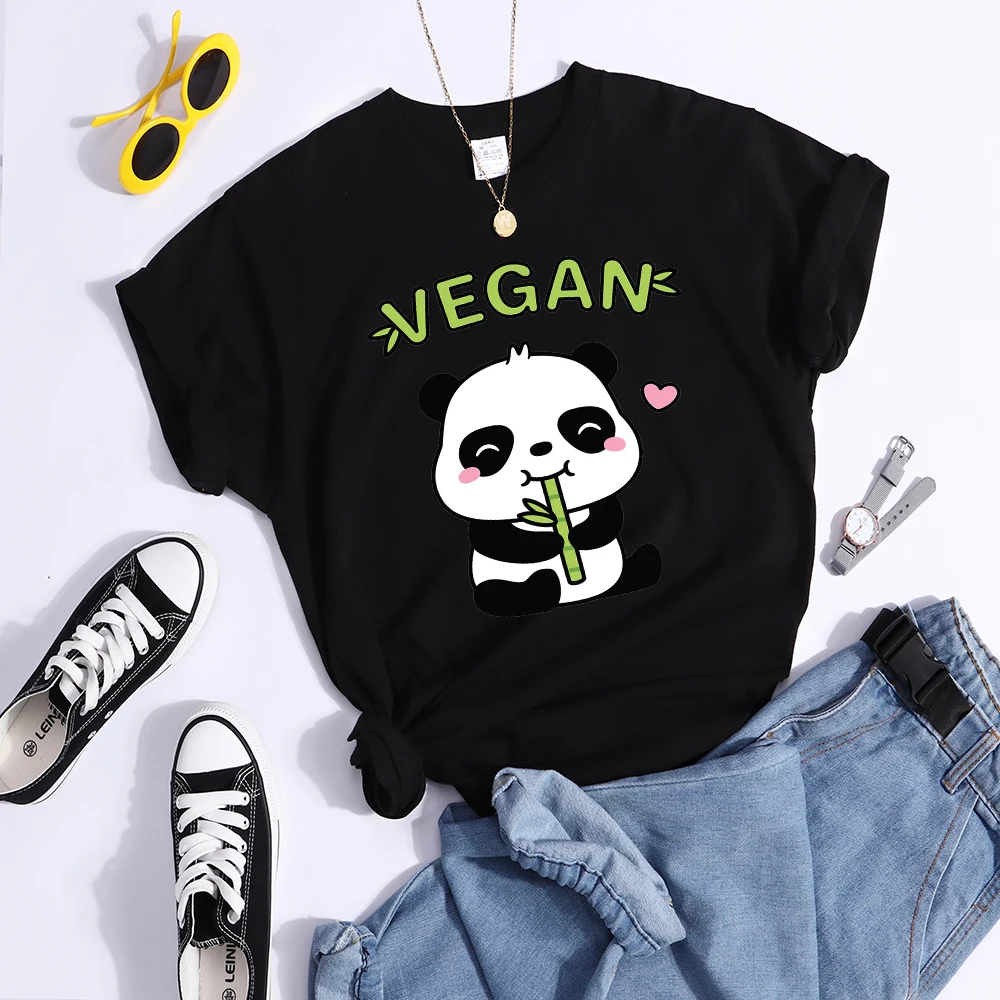 Vegan Panda Loves To Eat Bamboo Female T-Shirt Street Breathable Crop Top Casual Sweat Sport Clothes Summer O-Neck T Shirt Women