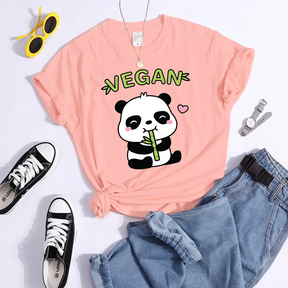 Vegan Panda Loves To Eat Bamboo Female T-Shirt Street Breathable Crop Top Casual Sweat Sport Clothes Summer O-Neck T Shirt Women