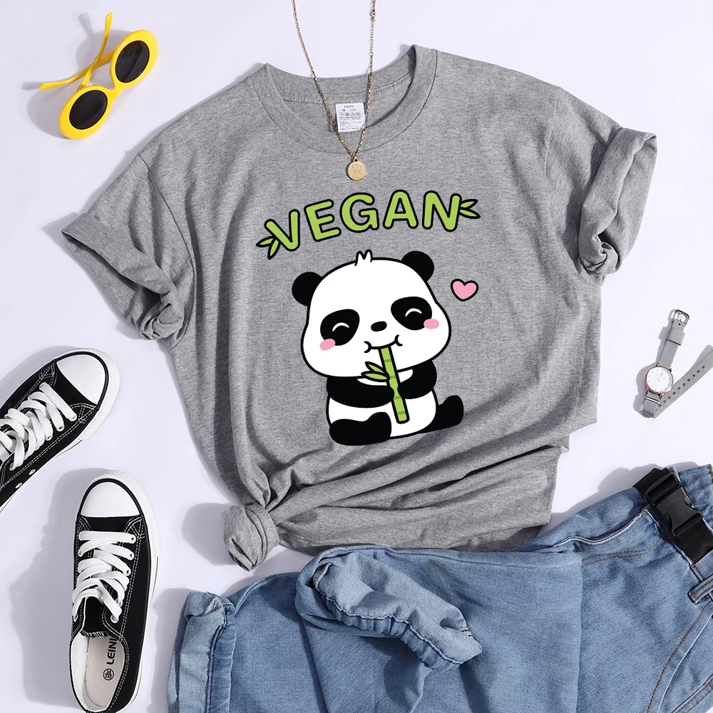 Vegan Panda Loves To Eat Bamboo Female T-Shirt Street Breathable Crop Top Casual Sweat Sport Clothes Summer O-Neck T Shirt Women