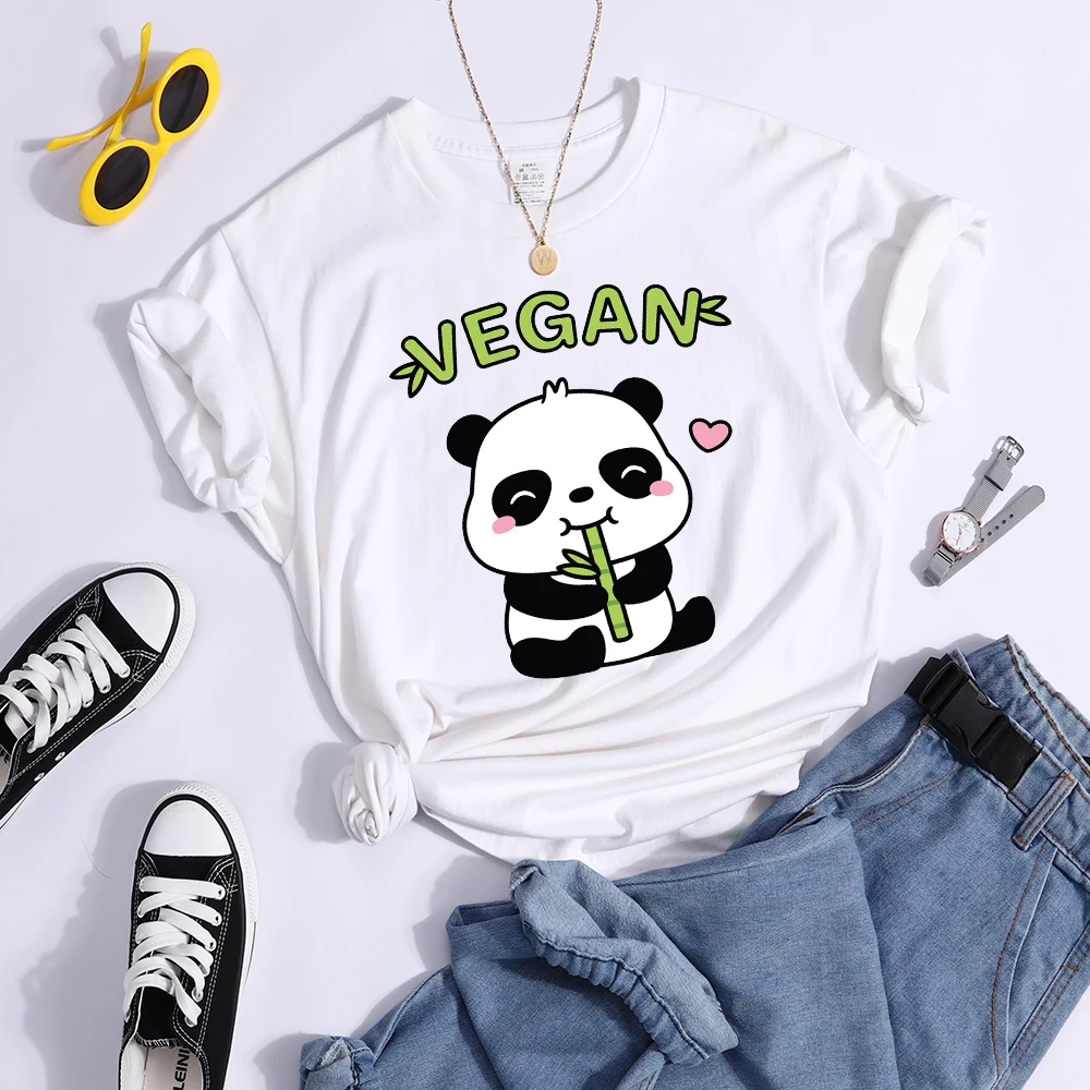 Vegan Panda Loves To Eat Bamboo Female T-Shirt Street Breathable Crop Top Casual Sweat Sport Clothes Summer O-Neck T Shirt Women