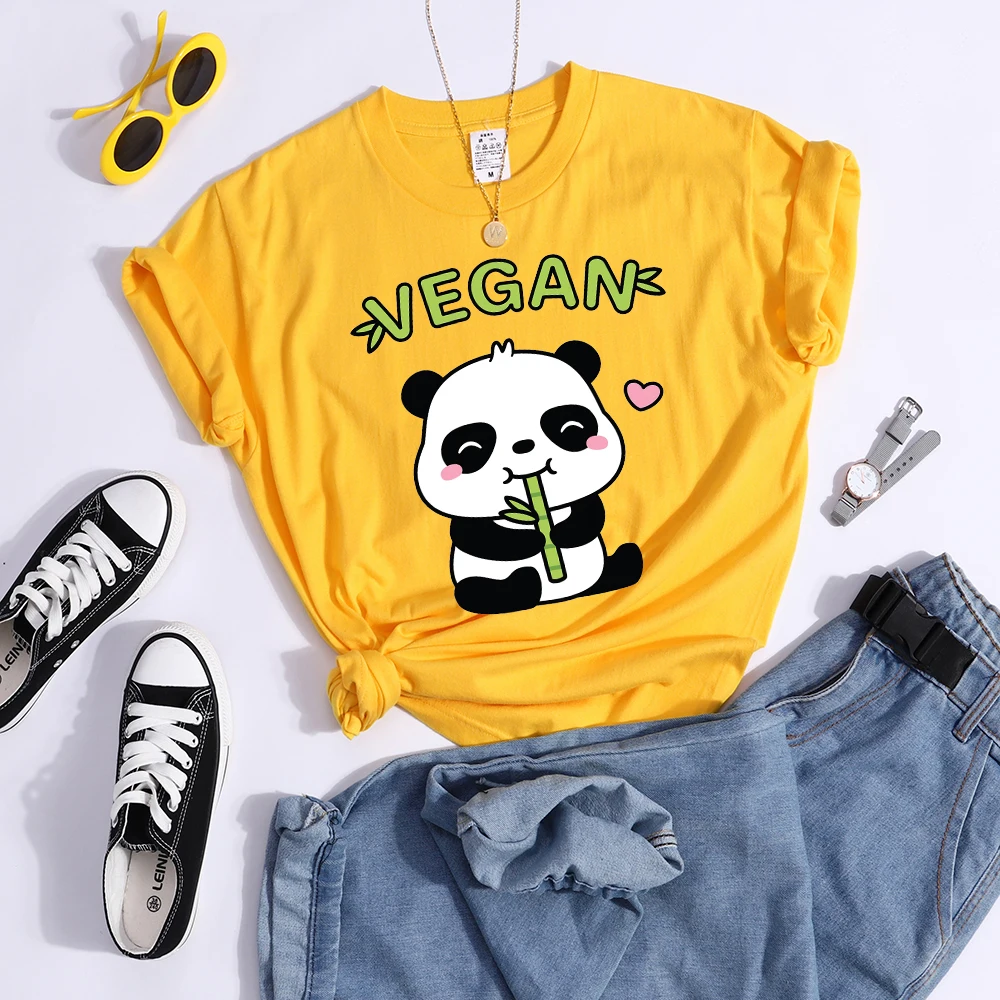 Vegan Panda Loves To Eat Bamboo Female T-Shirt Street Breathable Crop Top Casual Sweat Sport Clothes Summer O-Neck T Shirt Women