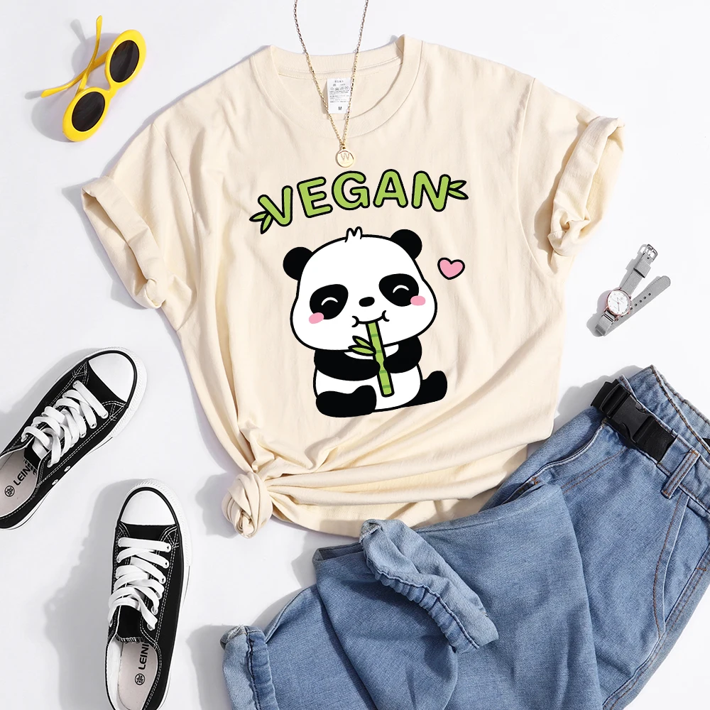 Vegan Panda Loves To Eat Bamboo Female T-Shirt Street Breathable Crop Top Casual Sweat Sport Clothes Summer O-Neck T Shirt Women