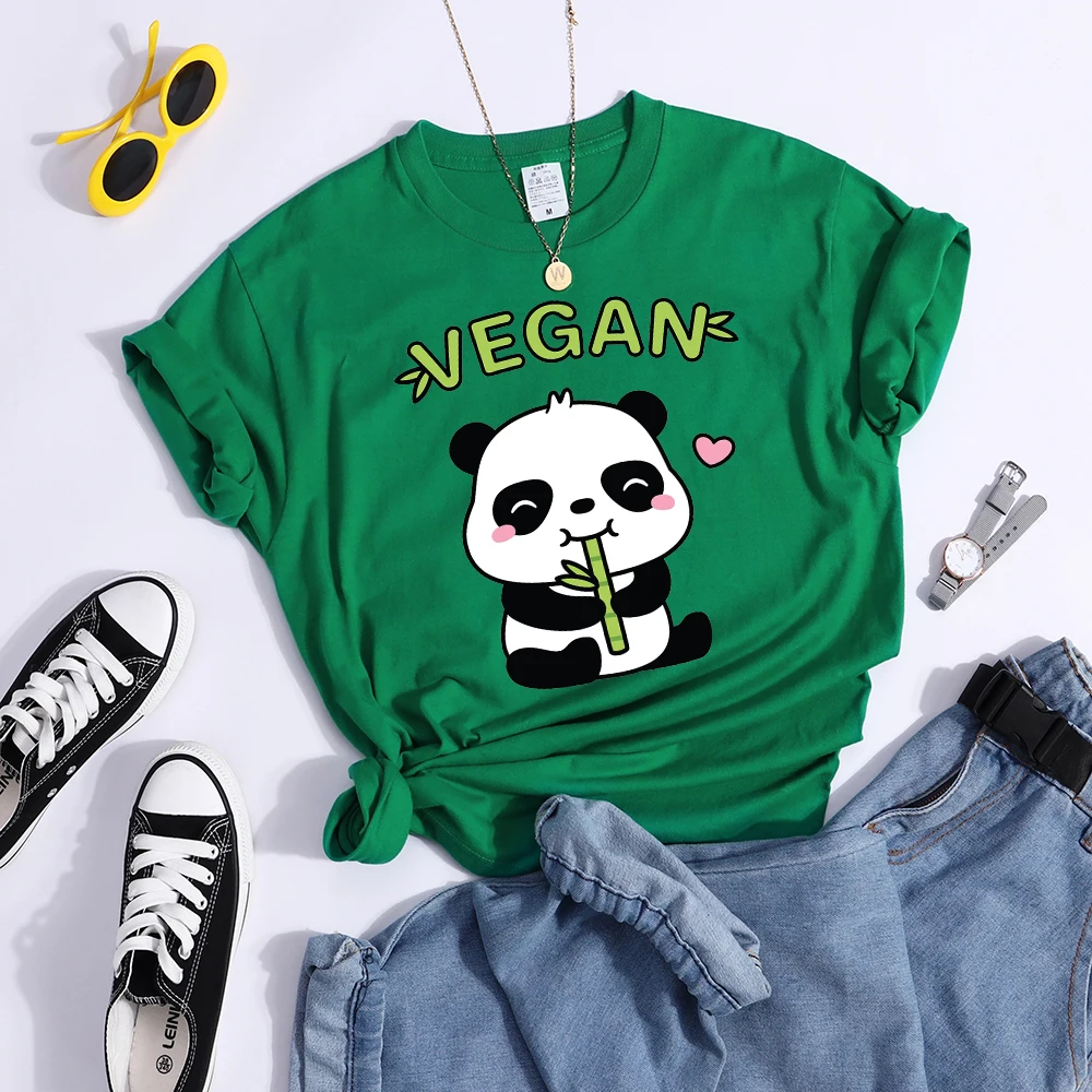 Vegan Panda Loves To Eat Bamboo Female T-Shirt Street Breathable Crop Top Casual Sweat Sport Clothes Summer O-Neck T Shirt Women
