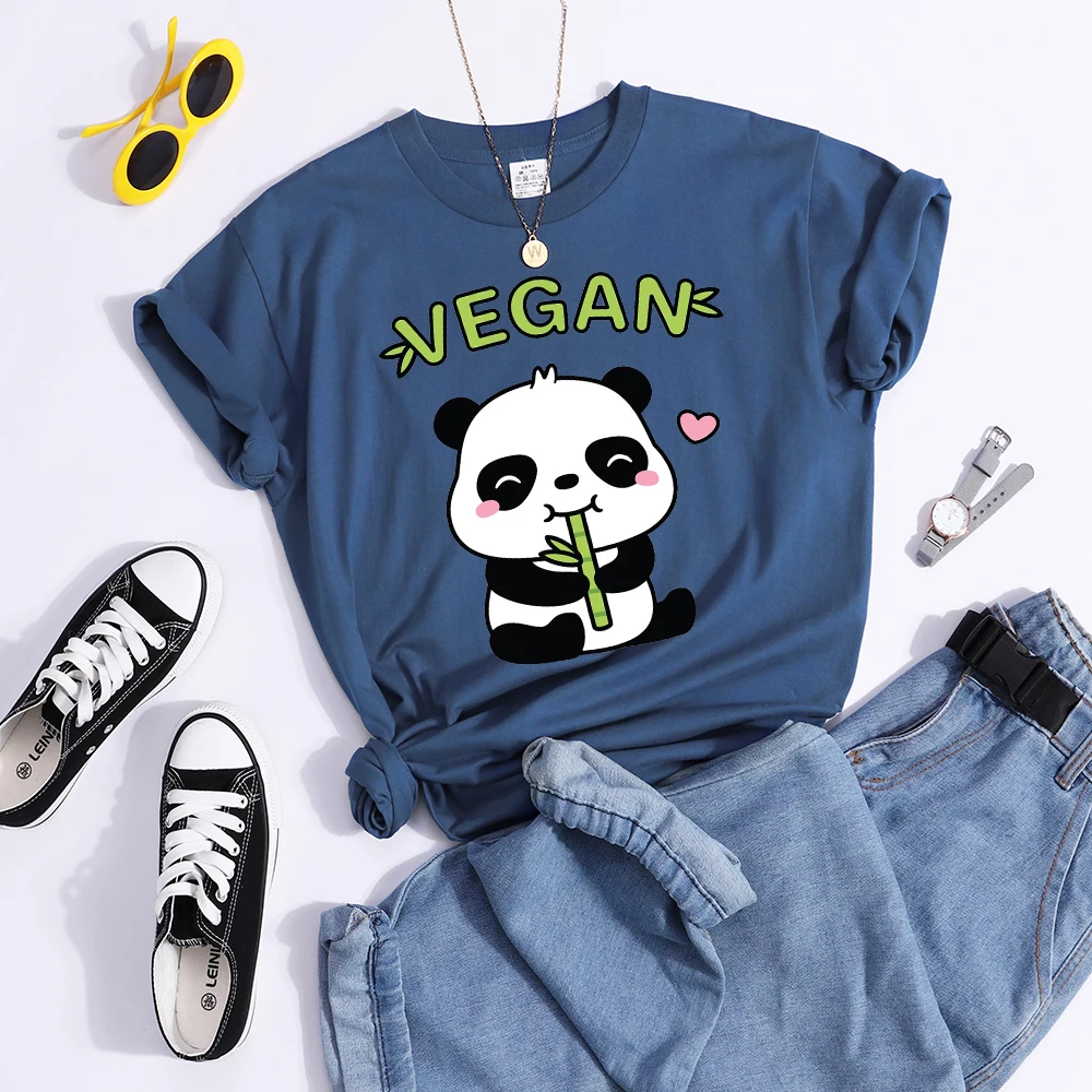 Vegan Panda Loves To Eat Bamboo Female T-Shirt Street Breathable Crop Top Casual Sweat Sport Clothes Summer O-Neck T Shirt Women