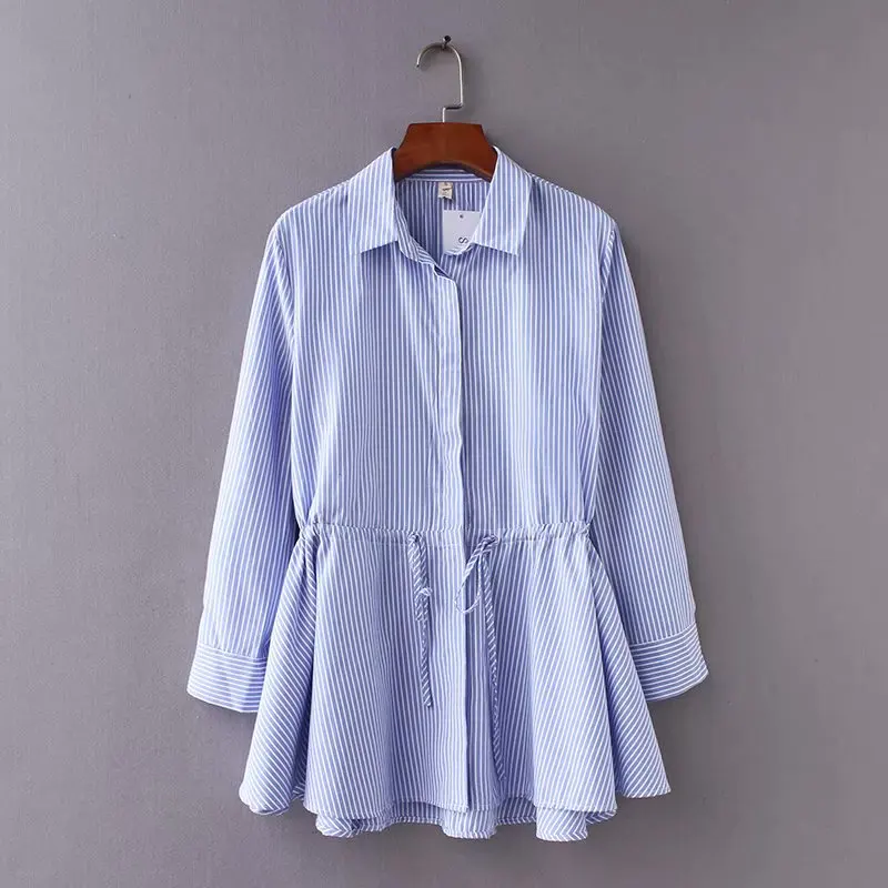 women vintage long sleeve striped loose hem smock Shirt blouses women waist drawstring casual business femininas blusas LS2563