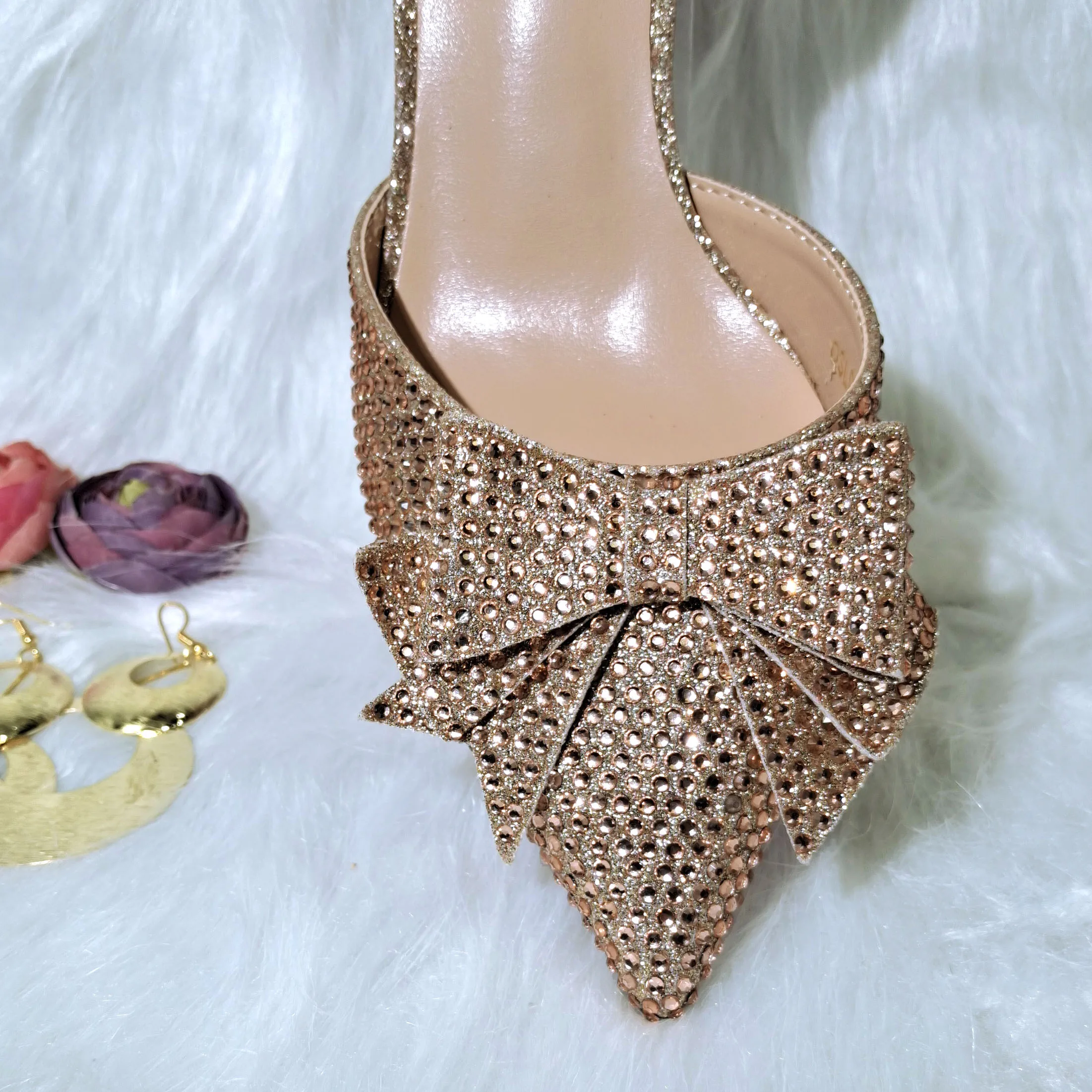 QSGFC Crystal Decoration Style Wine Glass Heel Shoes Friends Party Shoes Nigerian Fashion Peach Ladies Shoes And Bag For Party