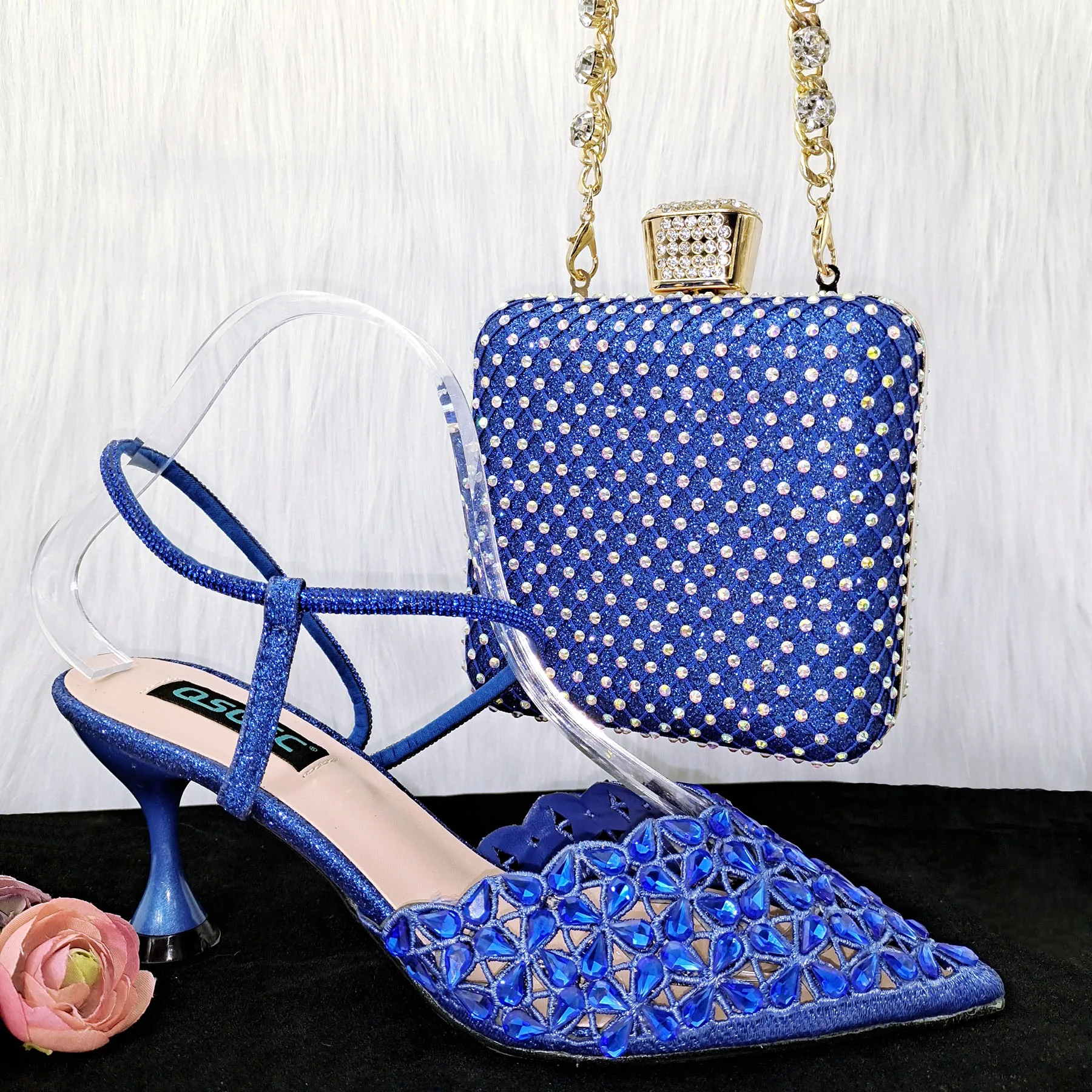 QSGFC Crystal Decoration Style Wine Glass Heel Shoes Friends Party Shoes Nigerian Fashion Peach Ladies Shoes And Bag For Party