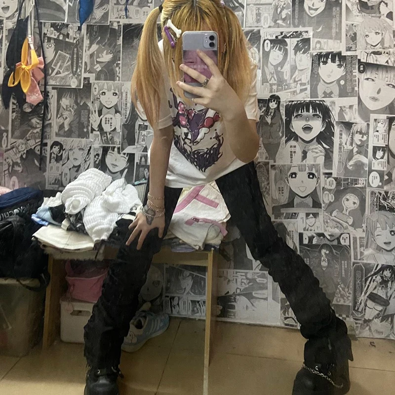 REDDACHiC Goth Lolita Black Pants Casual Flare Stacked Jeans Women Stretchy High Waist Trousers 2000s Y2K Grunge Emo Streetwear