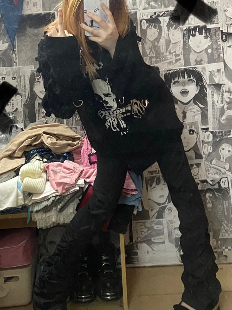 REDDACHiC Goth Lolita Black Pants Casual Flare Stacked Jeans Women Stretchy High Waist Trousers 2000s Y2K Grunge Emo Streetwear
