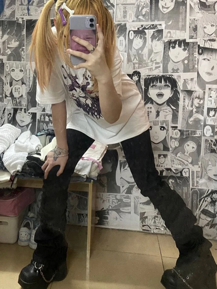REDDACHiC Goth Lolita Black Pants Casual Flare Stacked Jeans Women Stretchy High Waist Trousers 2000s Y2K Grunge Emo Streetwear