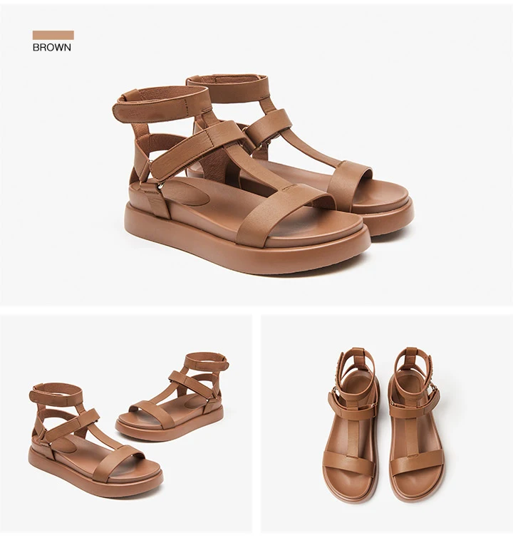BeauToday Summer Gladiator Sandals Women Calfskin Leather Open Toe T-bar Strap Hook & Loop Summer Ladies Shoes Handmade 07130