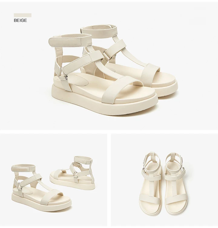 BeauToday Summer Gladiator Sandals Women Calfskin Leather Open Toe T-bar Strap Hook & Loop Summer Ladies Shoes Handmade 07130