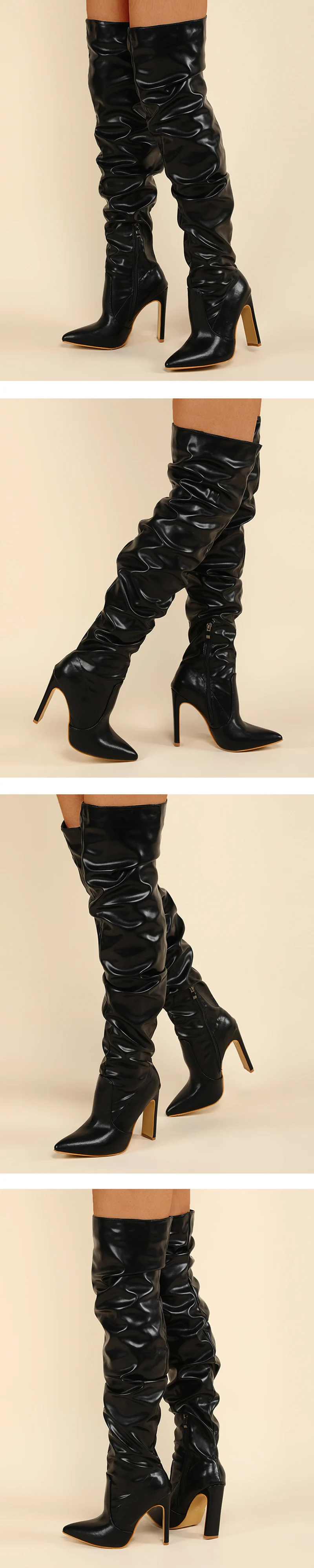 Liyke Fashion Design Pleated Leather Over The Knee Boots Sexy Pointed Toe Zip White High Heels Autumn Winter Women Shoes